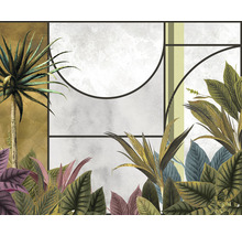 Imagine decorativă de perete cu motive de plante și forme geometrice pentru un design interior elegant.