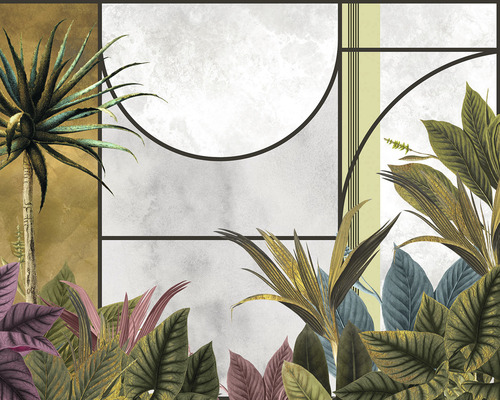 Imagine decorativă de perete cu motive de plante și forme geometrice pentru un design interior elegant.