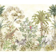 Tapetă cu junglă cu elefant, girafă, zebre, tucani, papagali și palmieri