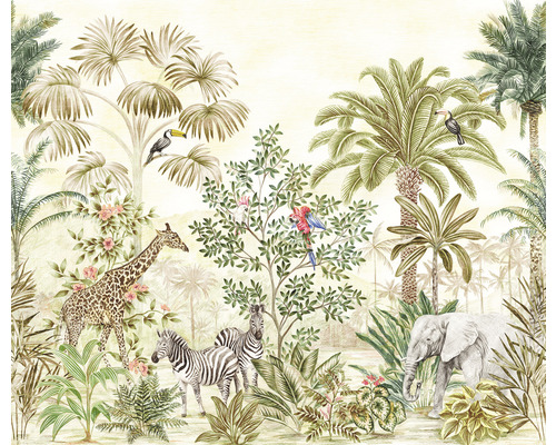 Tapetă cu junglă cu elefant, girafă, zebre, tucani, papagali și palmieri