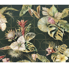 Tapet cu flori și frunze tropicale pe un fundal geometric