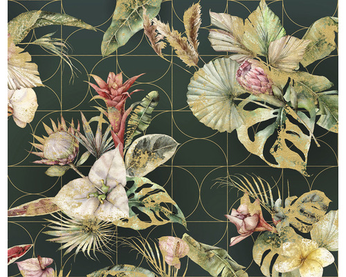 Tapet cu flori și frunze tropicale pe un fundal geometric