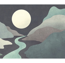 Ilustrație a unui peisaj lunar cu munți și un râu