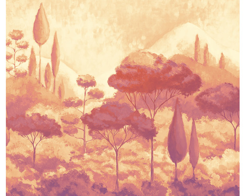 Pictură a unui peisaj cu copaci și dealuri