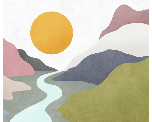 Ilustrație a unui peisaj cu râu și soare