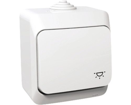 Întrerupător simplu Schneider Cedar Plus IP44, montaj aplicat, simbol pentru iluminat, alb Întrerupător simplu Schneider Cedar Plus IP44, montaj aplicat, simbol pentru iluminat, alb