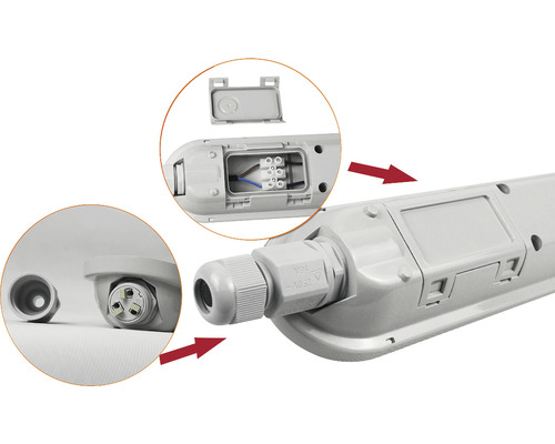 Vizualizare detaliată a unei lămpi LED rezistente la umiditate cu cutie de conexiuni deschisă