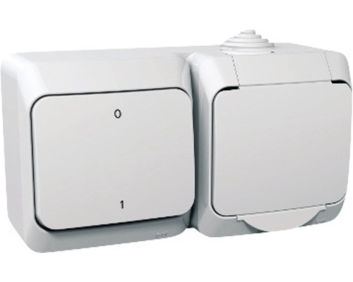 Întrerupător bipolar & priză Schneider Cedar Plus IP44 alb, montaj aplicat orizontal Întrerupător bipolar & priză Schneider Cedar Plus IP44 alb, montaj aplicat orizontal
