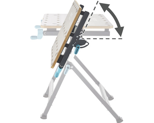 Banc de lucru reglabil cu funcție de pliere și săgeată care indică înclinarea.