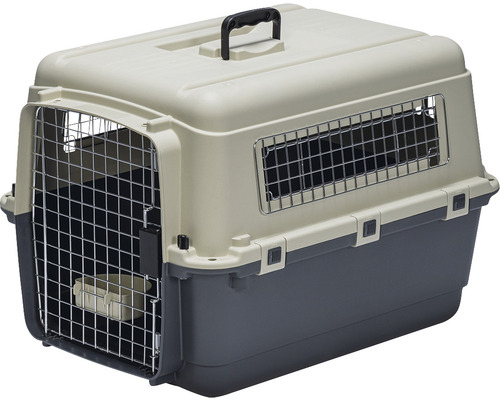 Cutie de transport pentru animale de companie din plastic, cu ușă metalică tip grilaj și mâner
