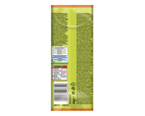Partea din spate a ambalajului pentru gustări pentru pisici Purina cu informații despre ingrediente
