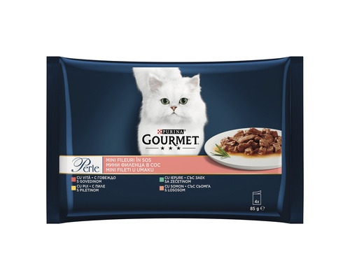 Hrană umedă pentru pisici PURINA Gourmet Perle cu vită, pui, iepure și somon în sos 4x85 g