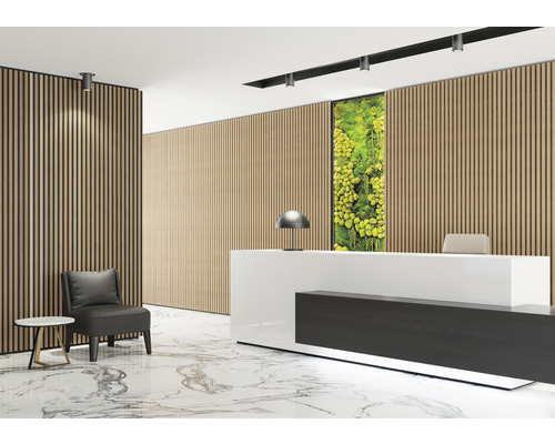 Zona de recepție cu panouri din lemn, recepție, zonă de relaxare și podea de marmură