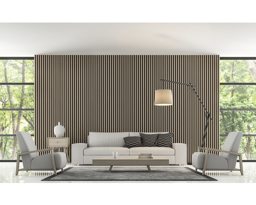 Living cu canapea, fotolii, perete lamelar și lampadar