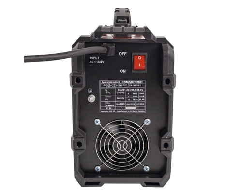 Vedere din spate a unui aparat de sudură cu comutator pornit/oprit și ventilator