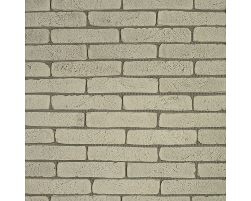 Cărămidă aparentă Old Brick 01, 6,5x29 cm, alb Prim-plan cu o placare de perete care imită cărămizile