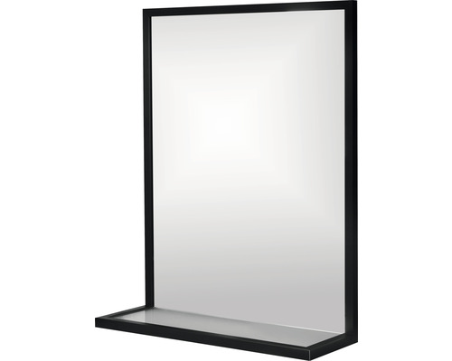 Oglindă dreptunghiulară cu ramă neagră și raft