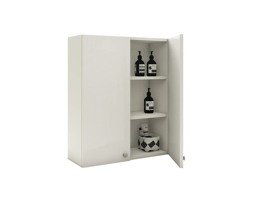 Dulap suspendat alb cu rafturi deschise pentru articole de baie