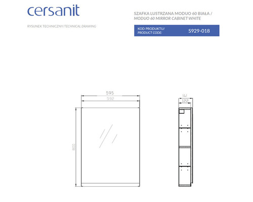Desen tehnic al dulapului cu oglindă Cersanit Moduo 60 cu dimensiuni