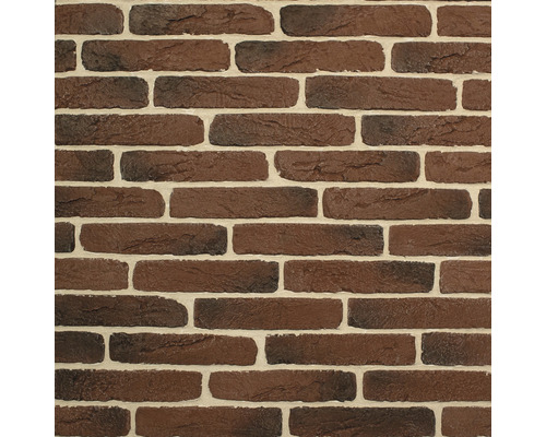 Cărămidă aparentă Old Brick 05, 6,5x29 cm, mix negru-roșu Prim-plan al unui perete cu aspect de cărămidă pentru interior