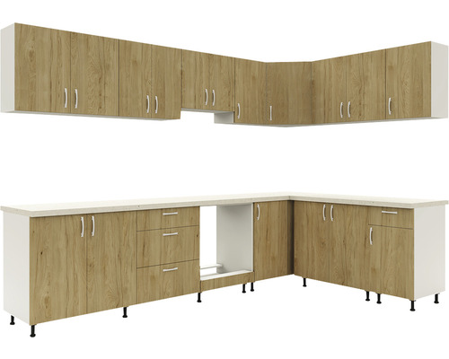 Linie completă de bucătărie cu dulapuri superioare și inferioare în decor de lemn