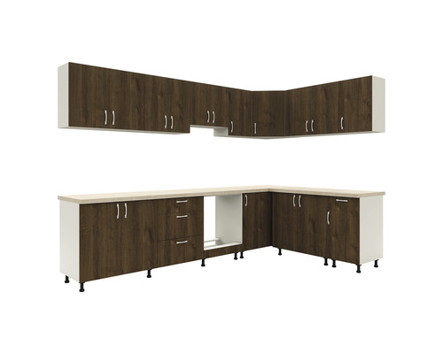 Bucătărie completă cu corpuri superioare și inferioare cu aspect de lemn și blaturi de lucru deschise la culoare