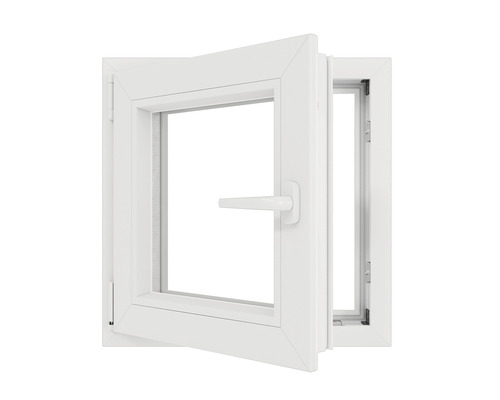 Fereastră din plastic albă cu funcție de deschidere și înclinare prezentată deschisă.