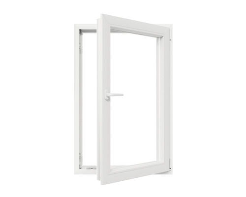 Fereastră din plastic albă cu funcție de deschidere și rabatare prezentată deschisă.