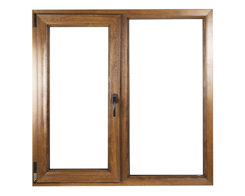 Fereastră PVC termopan 6 camere 116x116 cm stejar auriu deschidere dublă stânga + fixă Fereastră din lemn cu două canaturi