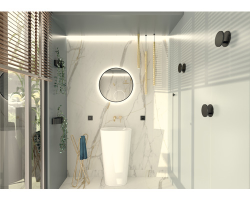 Baie cu lavoar, oglindă, suport pentru prosoape și plante