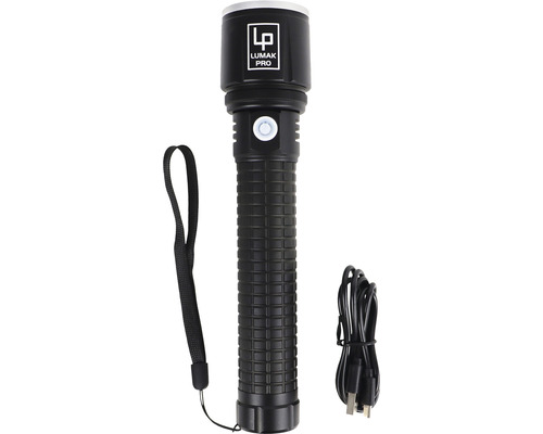 Lanternă neagră Lumak Pro cu curea de mână și cablu de încărcare