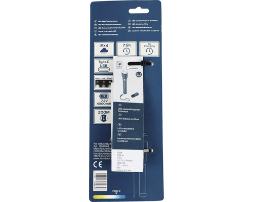 Lanternă cu acumulator LED în ambalaj, cu grad de protecție IPX4, port USB tip C, 7,2 V, 4000 mAh și funcție de zoom