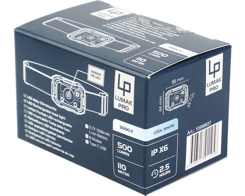Ambalajul unei lanterne frontale cu acumulator LED Lumak Pro