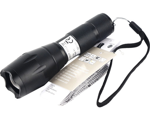 Lanternă LED neagră cu curea de mână și etichetă