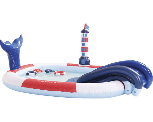Piscină gonflabilă Essentials cu tobogan model balenă 203x89x173 cm albastru Piscină gonflabilă pentru copii cu far, coadă de balenă și stropitoare de apă