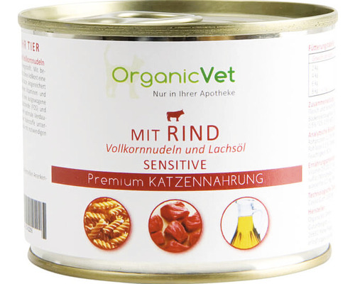 Hrană umedă pentru pisici OrganicVet Sensitive cu vită, paste și ulei de somon 200 g-0