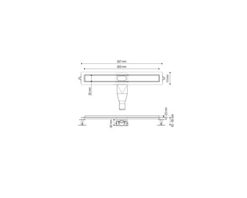 Desen tehnic al unui canal de duș cu dimensiuni.