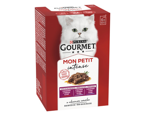 Hrană umedă pentru pisici PURINA Gourmet mon Petit cu vită, vânat și ficat în sos 6x50 g