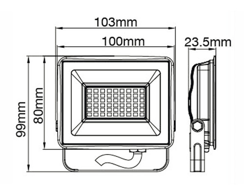 Desen tehnic reflector LED cu dimensiunile 103 mm, 100 mm, 23,5 mm, 99 mm și 80 mm