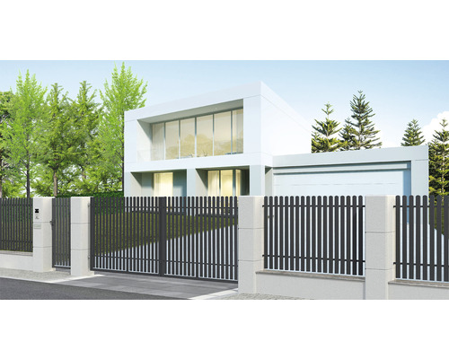 Casă modernă cu gard și poartă de intrare