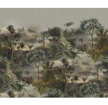 Tapet cu motiv de junglă, inclusiv palmieri, elefanți și alte animale din junglă