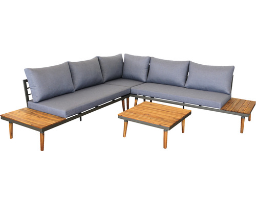 Set de canapea de colț cu masă din lemn și perne gri