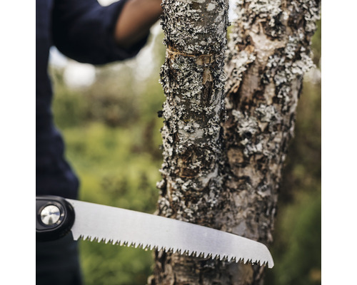 Prim-plan cu un fierăstrău manual care taie o ramură