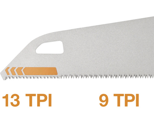 Prim-plan al unui ferăstrău cu 13 și 9 dinți pe inch (TPI).