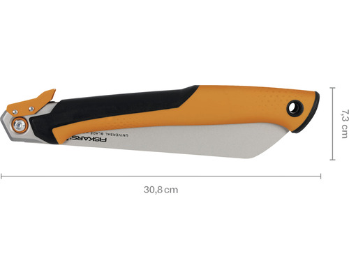 Fierăstrău pliabil Fiskars cu o lungime de 30,8 cm și o înălțime de 7,3 cm.