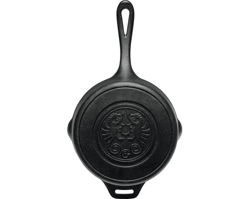 Tigaie din fontă cu mâner și logo ștanțat pe partea inferioară
