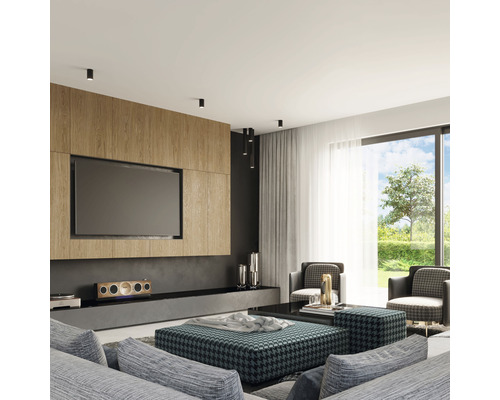 Living luminos cu televizor, lambriuri din lemn și mobilier de ședere