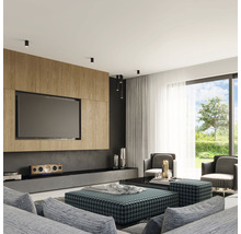 Living modern cu televizor, mobilier de ședere și iluminat