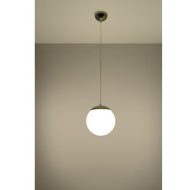 Lumină suspendată cu glob rotund din sticlă albă și suspensie metalică