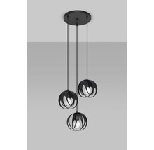 Lumină suspendată neagră cu trei abajururi sferice